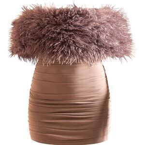 PLT Label Taupe Bandage Mesh Faux Shearling Bardot Ruched Bodycon Dress